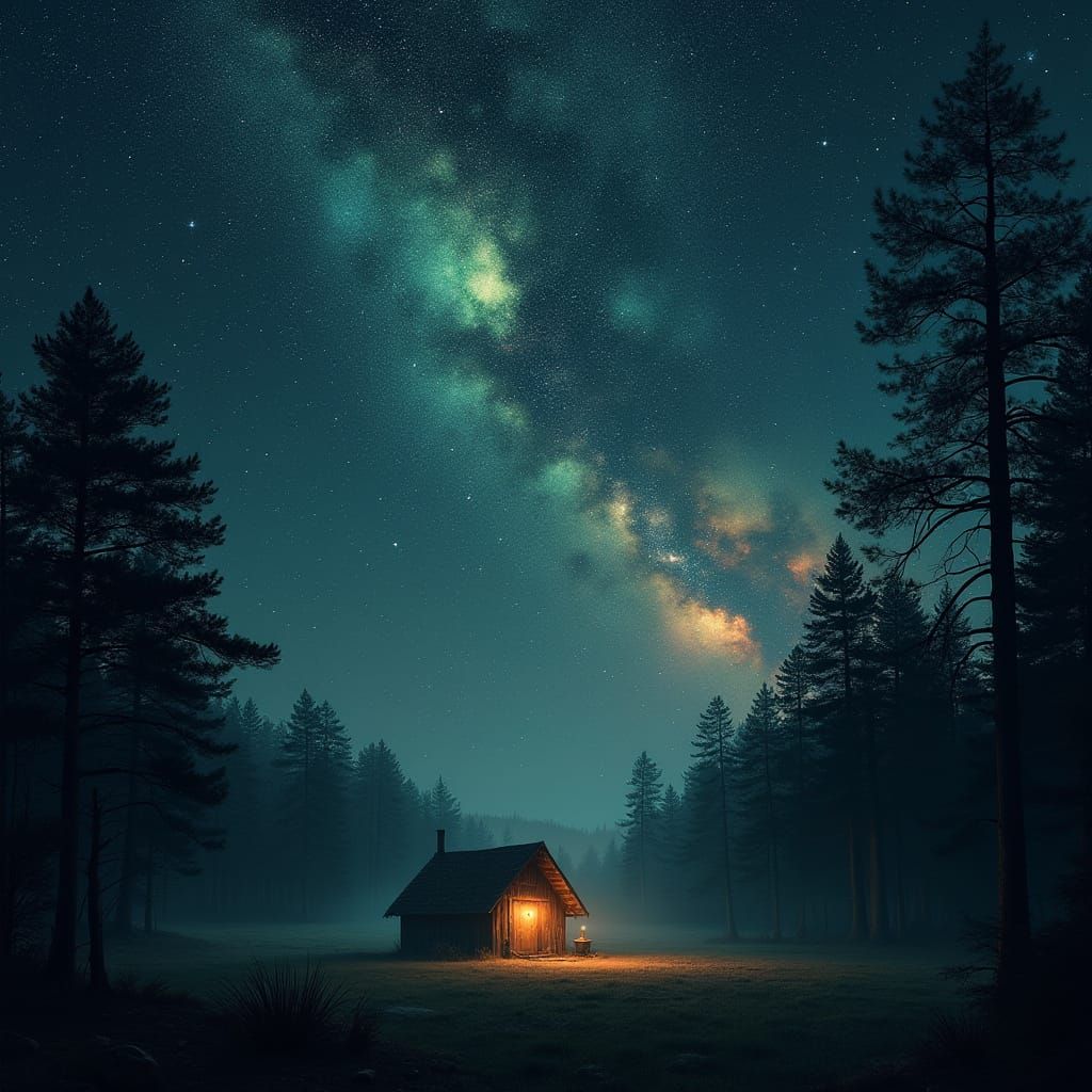 Cosmic Night Sky Over Rustic Hut in Fantasy Matte Painting S...
