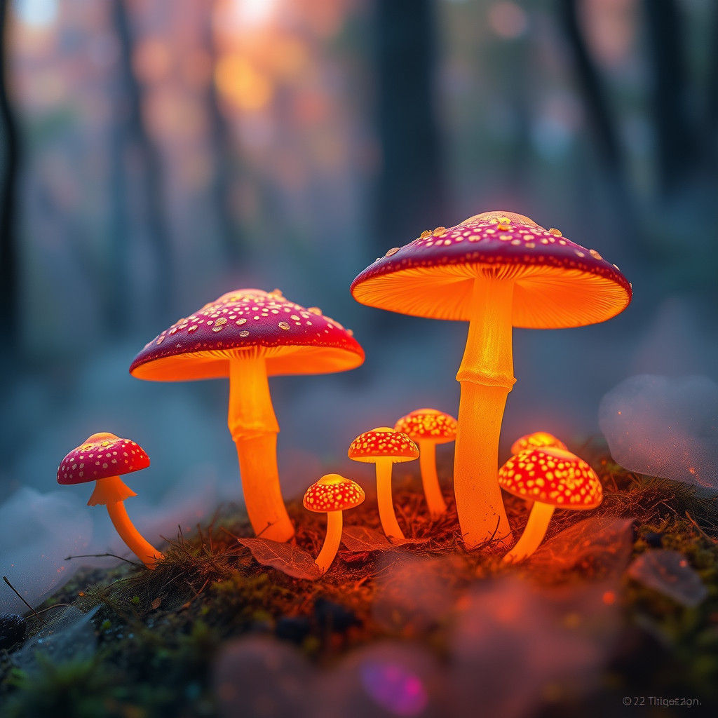 Glowing Mushrooms in Iridescent Forest, Color Field Art