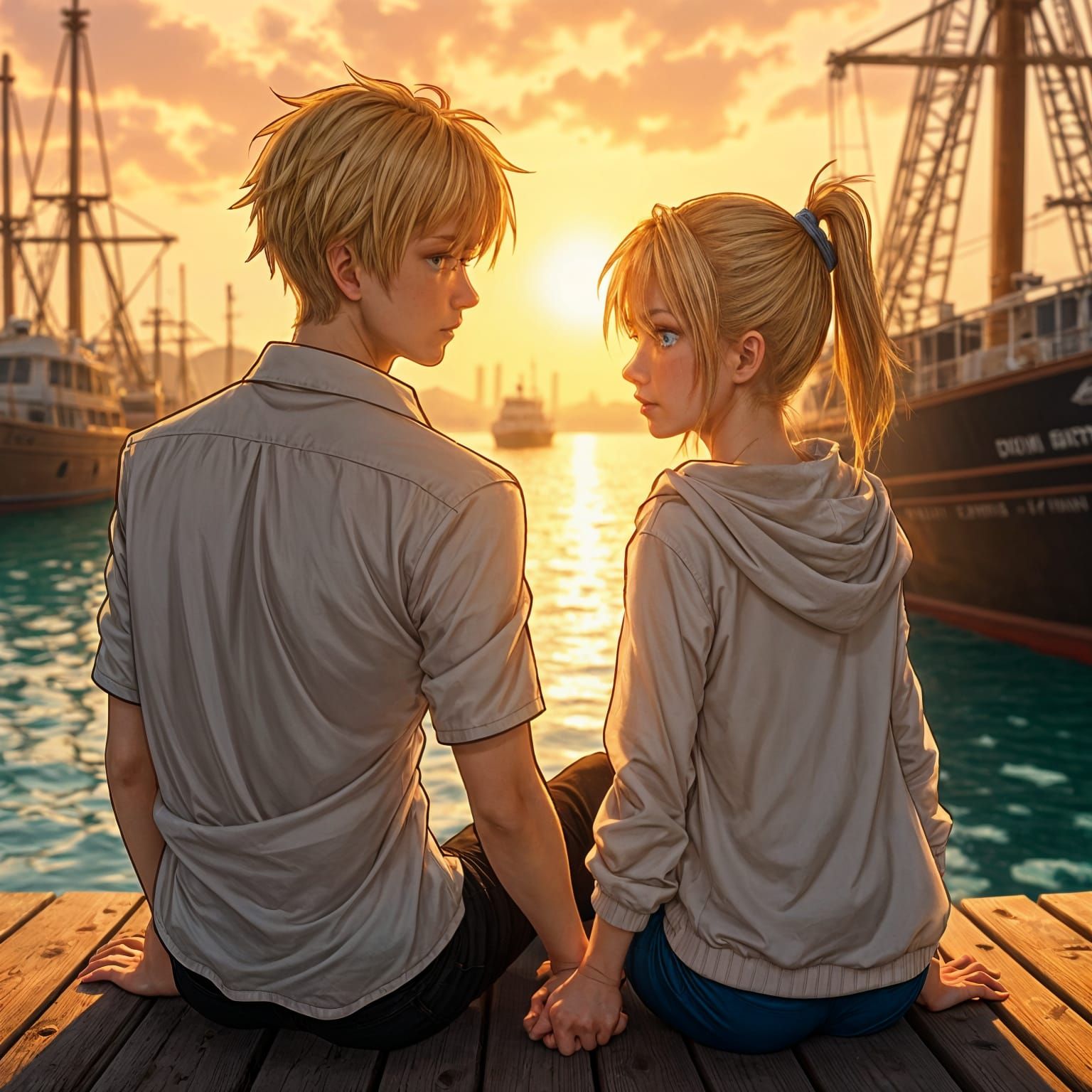 Annie and Armin: Romantic Anime Portrait at Sunset