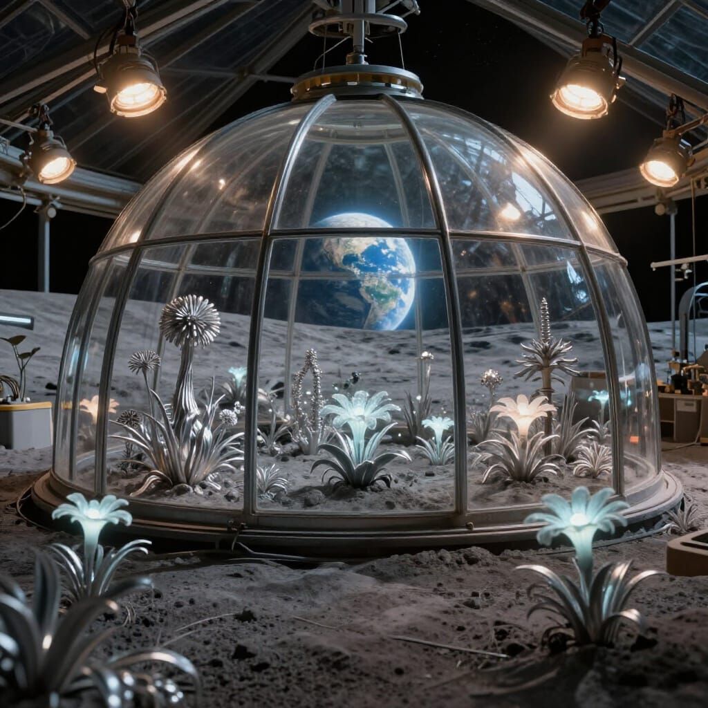 Lunar Greenhouse Interior With Earthrise and Bioluminescent ...