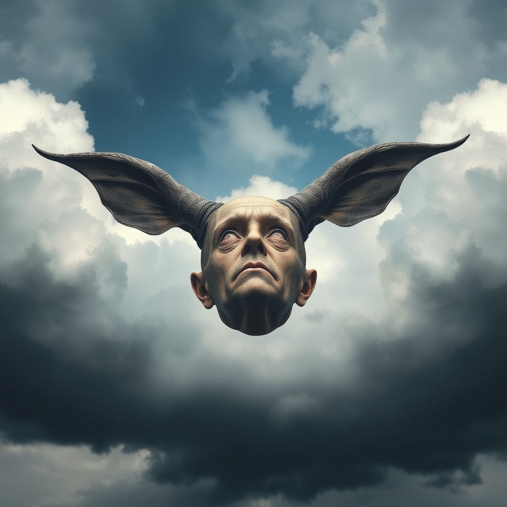Surreal Human Head with Giant Ears on Stormy Sky