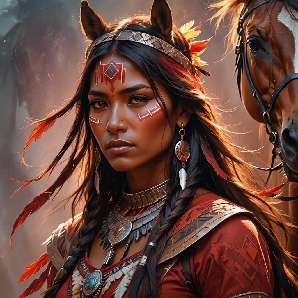 Native American Girl with Horse, Hyperdetailed Portrait