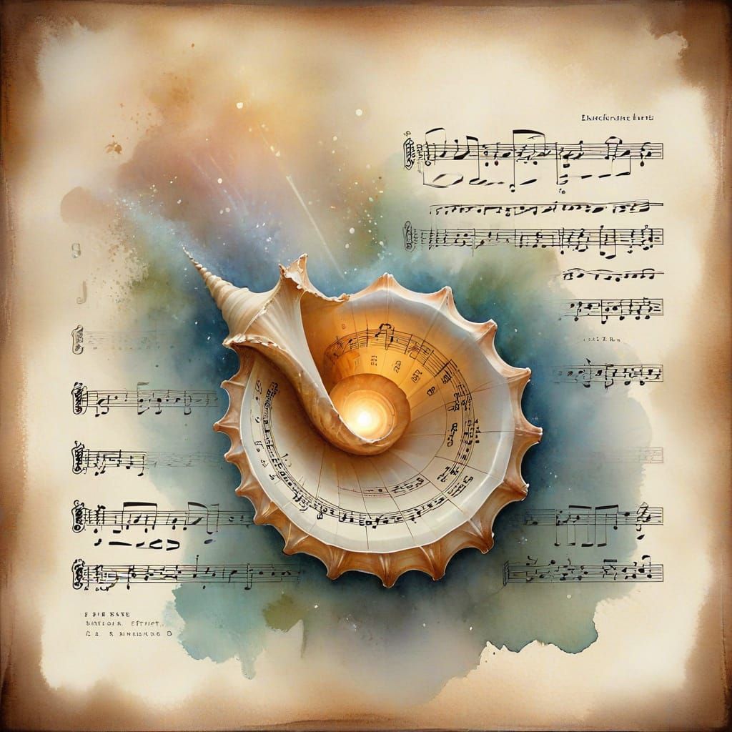 Musical Sheet and Conch Shell in Ethereal Watercolor