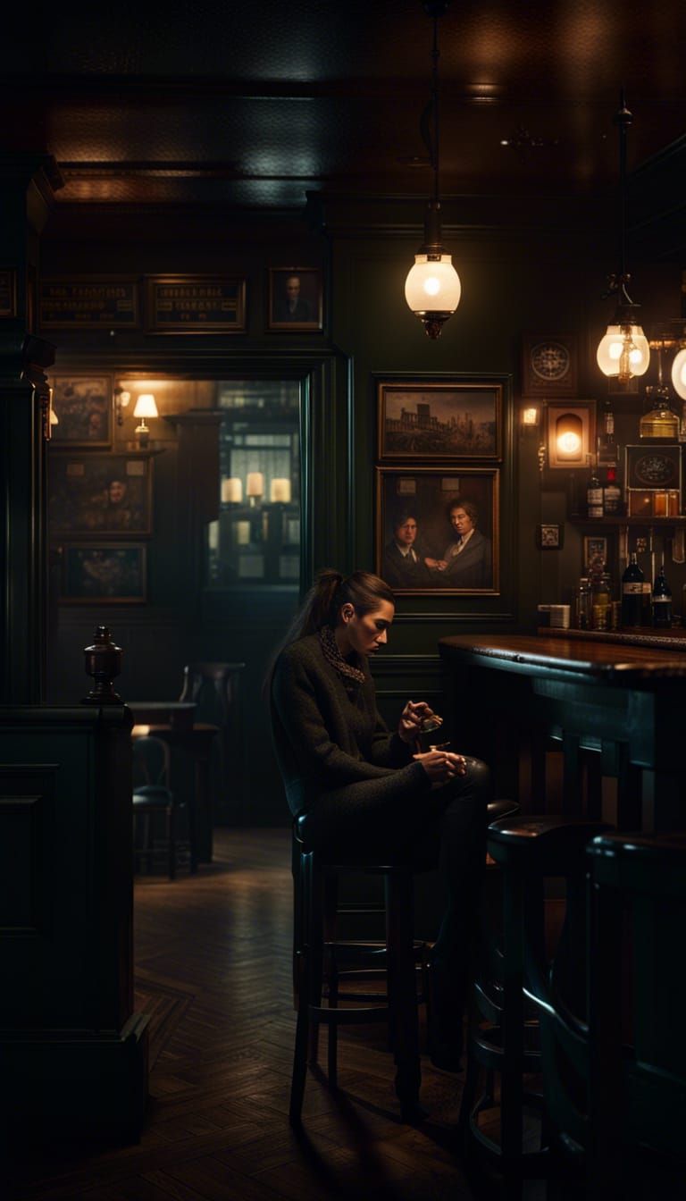 Lonely Woman in Irish Pub at Night