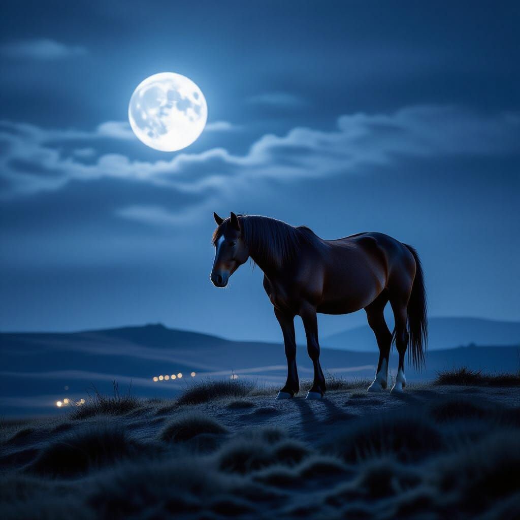 Horse on Lonely Hill Under Moonlight