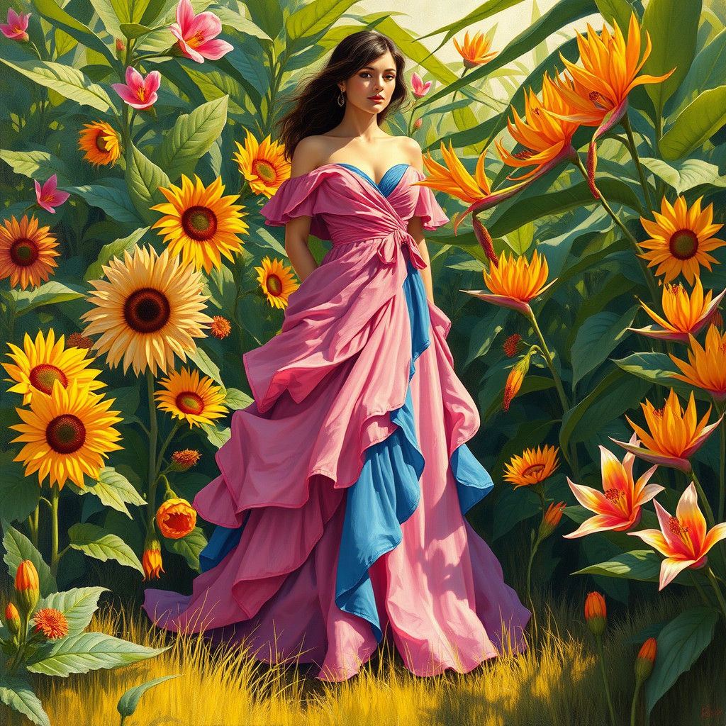 Woman in Floral Field: Oil on Canvas Illustration