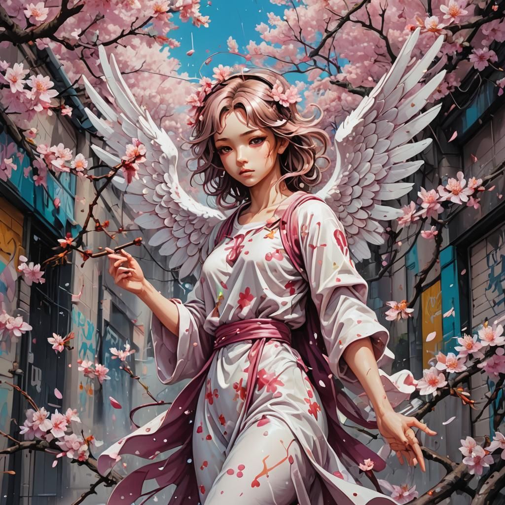 Angel Graffiti Art with Cherry Blossoms in Anime Style