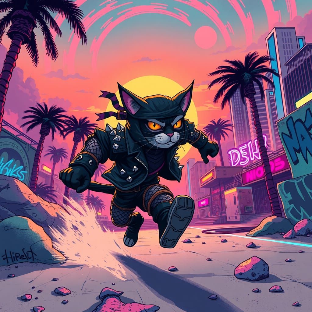 Punk Rock Ninja Cat in Surreal Cityscape