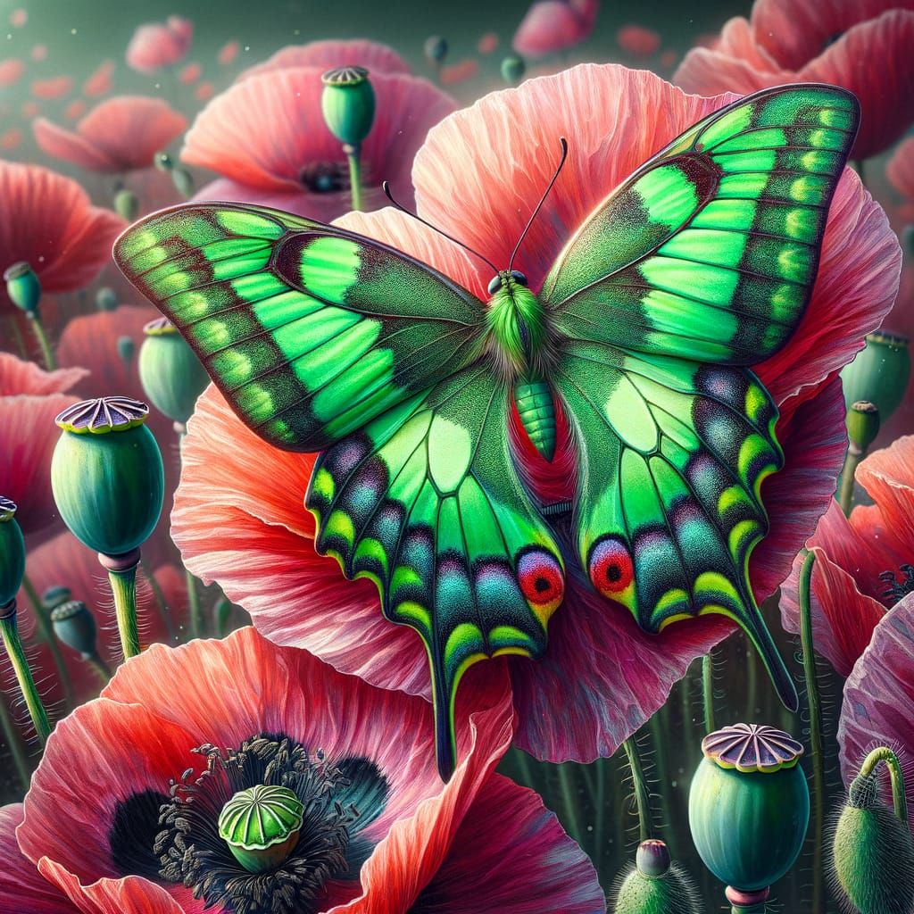 Neon Green Butterfly in Poppy Field, Watercolour Style