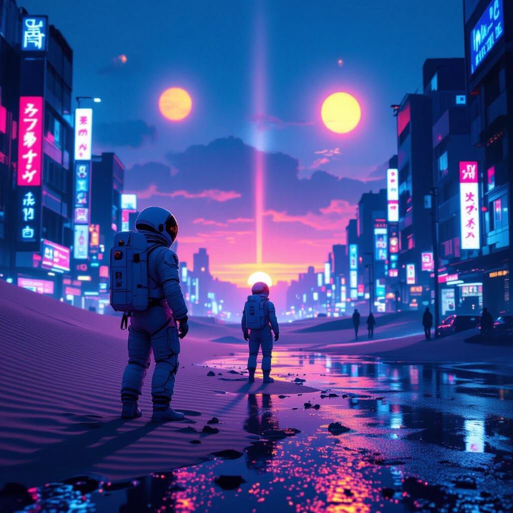 Astronaut on Alien Dune Under Twin Suns