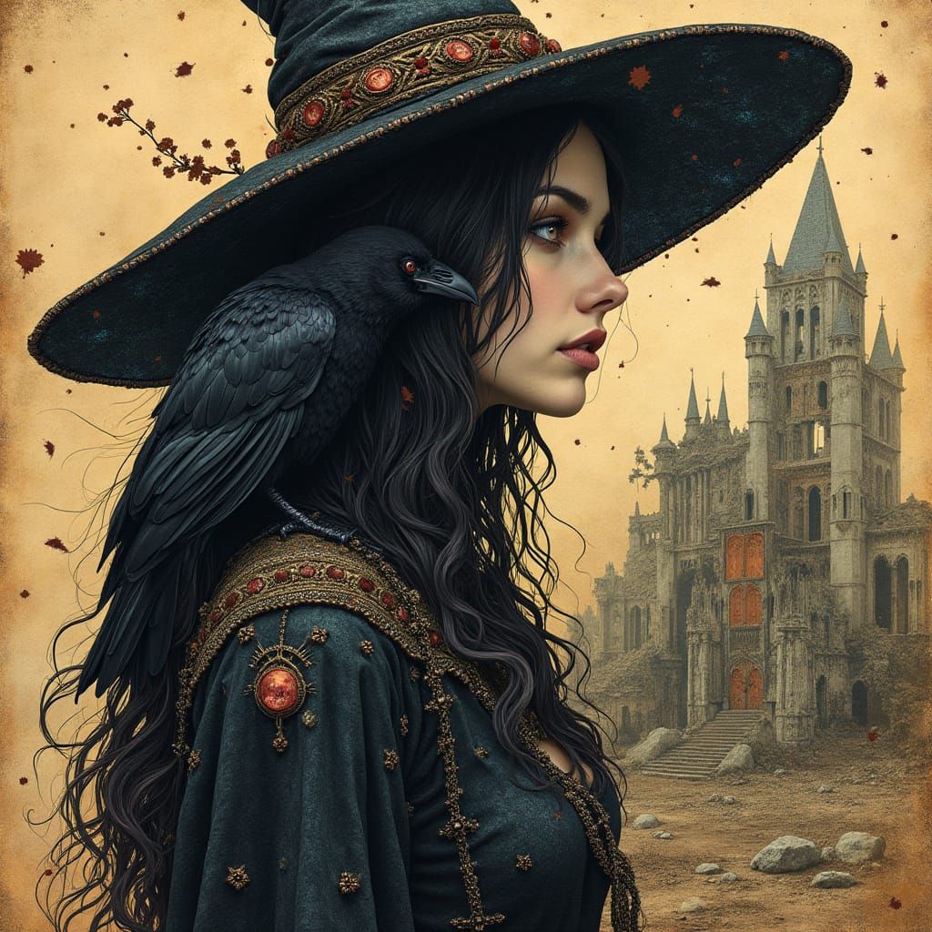 Black Witch Portrait with Raven in Ruined City