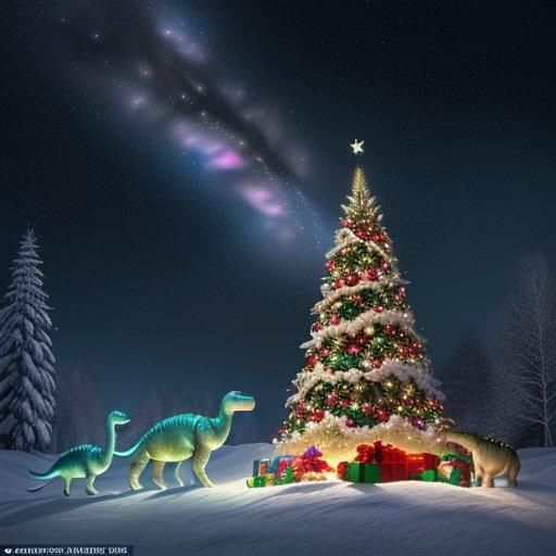 Chibi Dinosaurs Celebrate Christmas Under Starlit Sky
