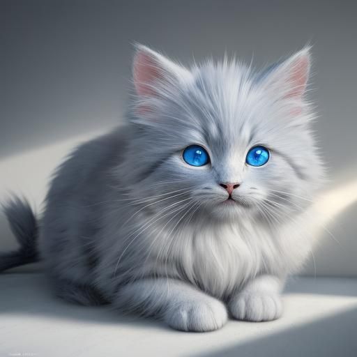 Hyperrealistic Angora Kitten with Blue Eyes