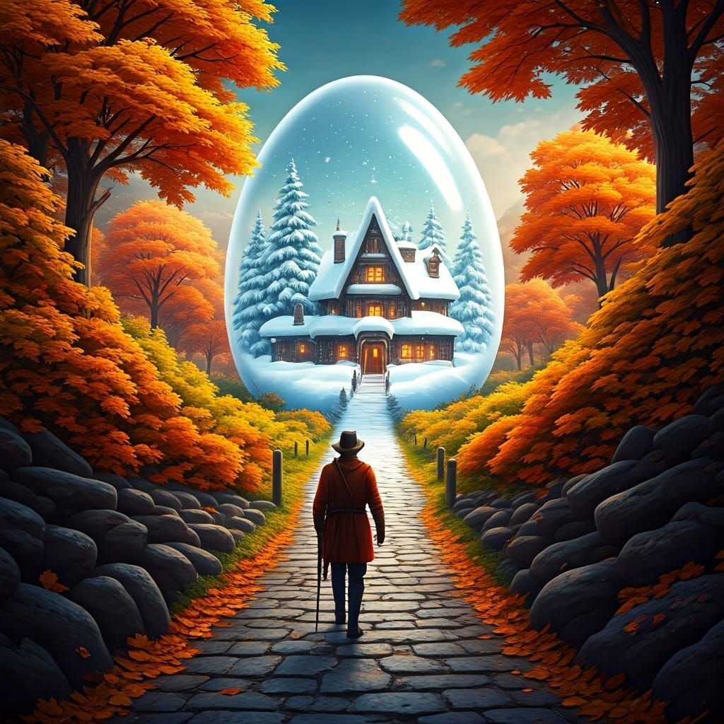 Fantasy Autumn Man Enters Enchanting Winter Village