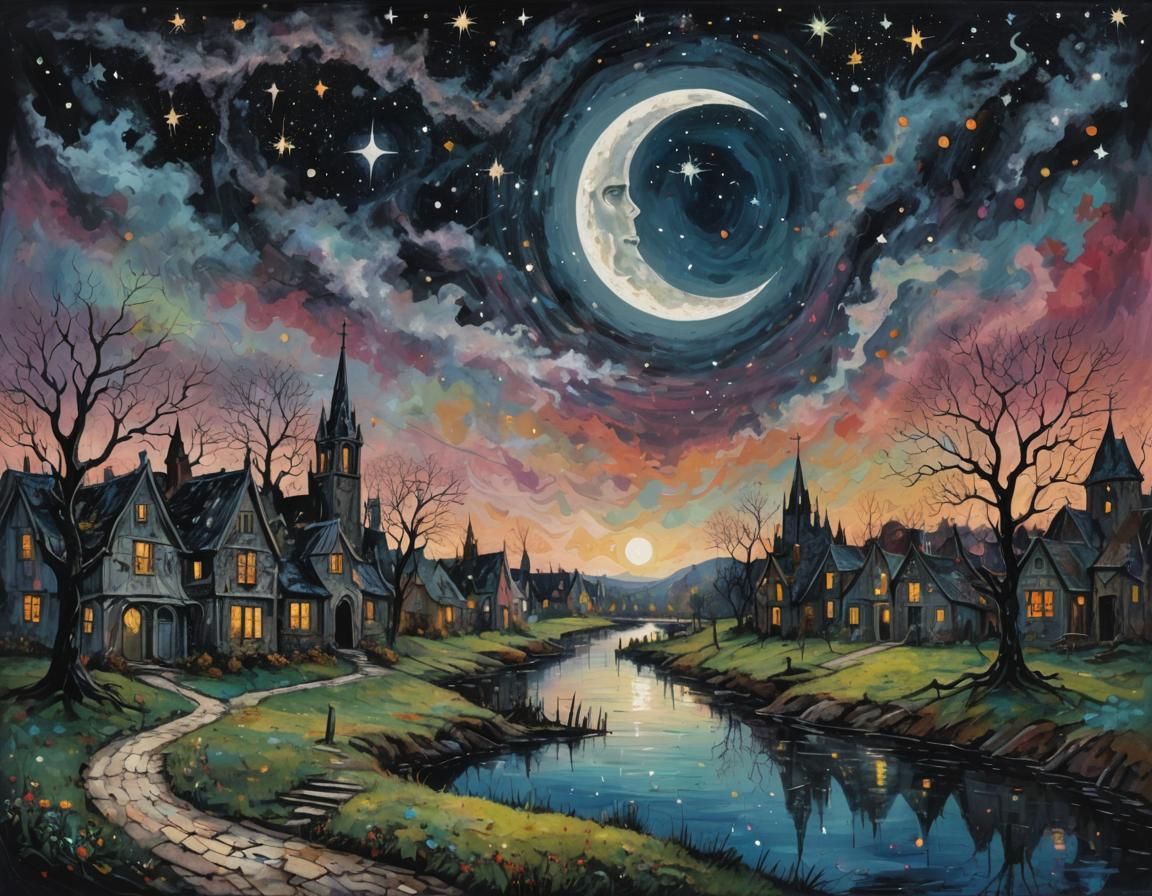 Gothic Fantasy Landscape with Silver Moon