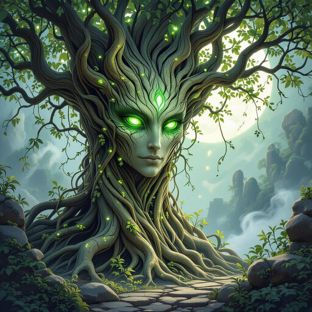 Ancient Tree Spirit in Moonlit Glade