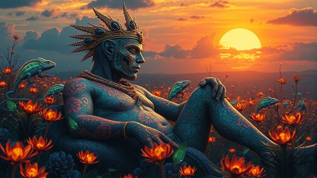 Mystical Prince Resting Among Bioluminescent Plants