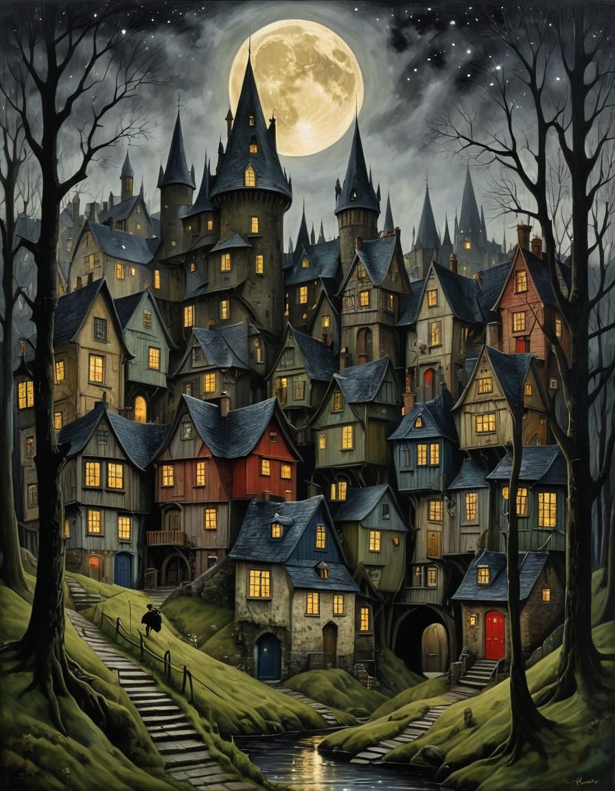 Haunting Stacked Houses in a Cartoon Art Style