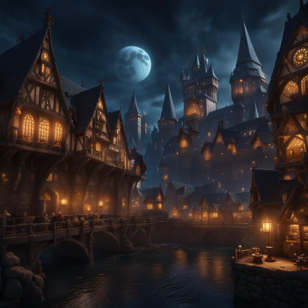 Detailed Medieval Nighttime Cityscape in Matte Painting Styl...