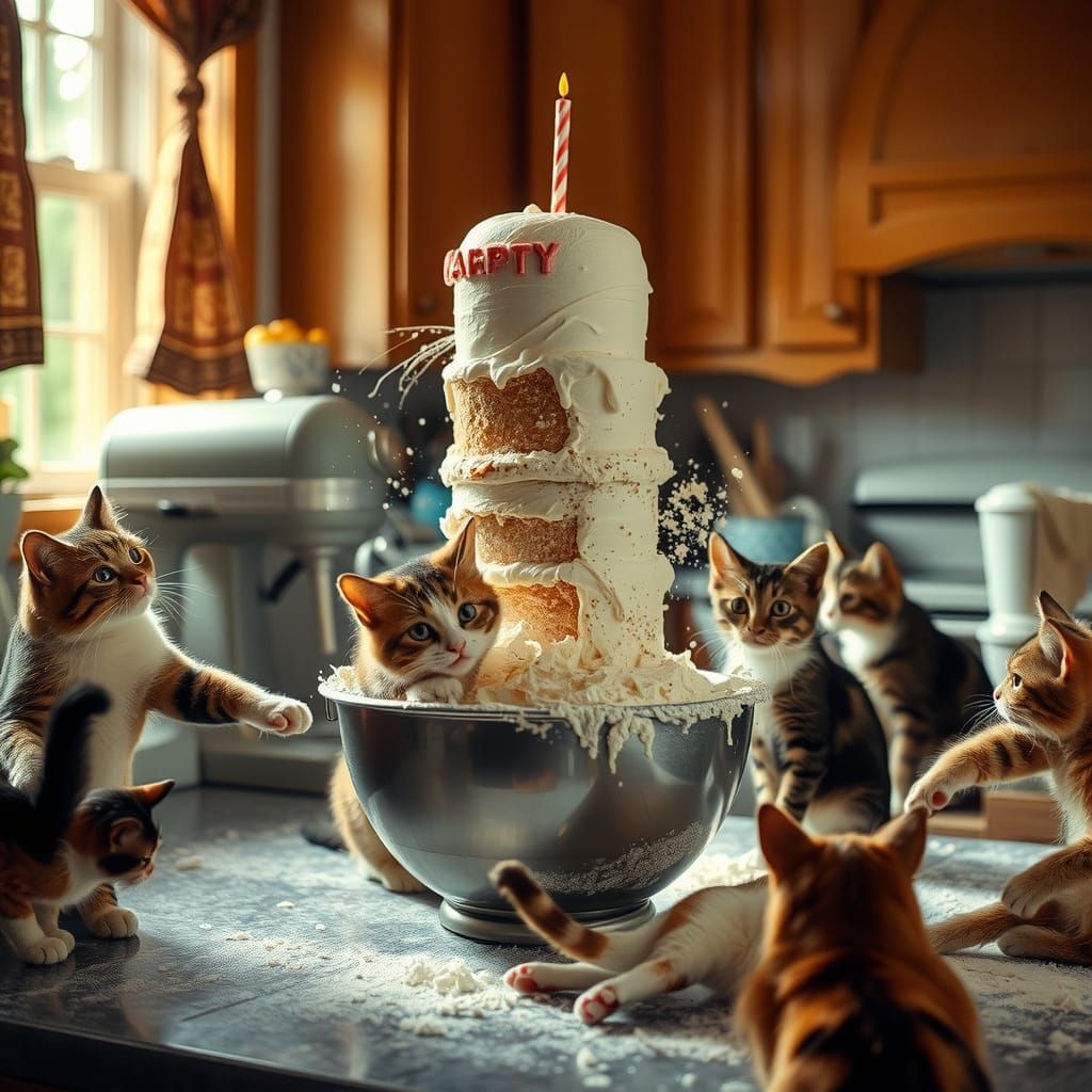 Cats' Chaotic Cake Baking: A Cinematic Film Still