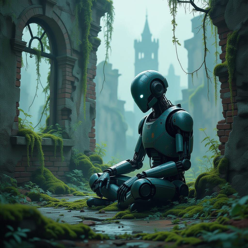 Moss Covered Android in Overgrown City Ruins