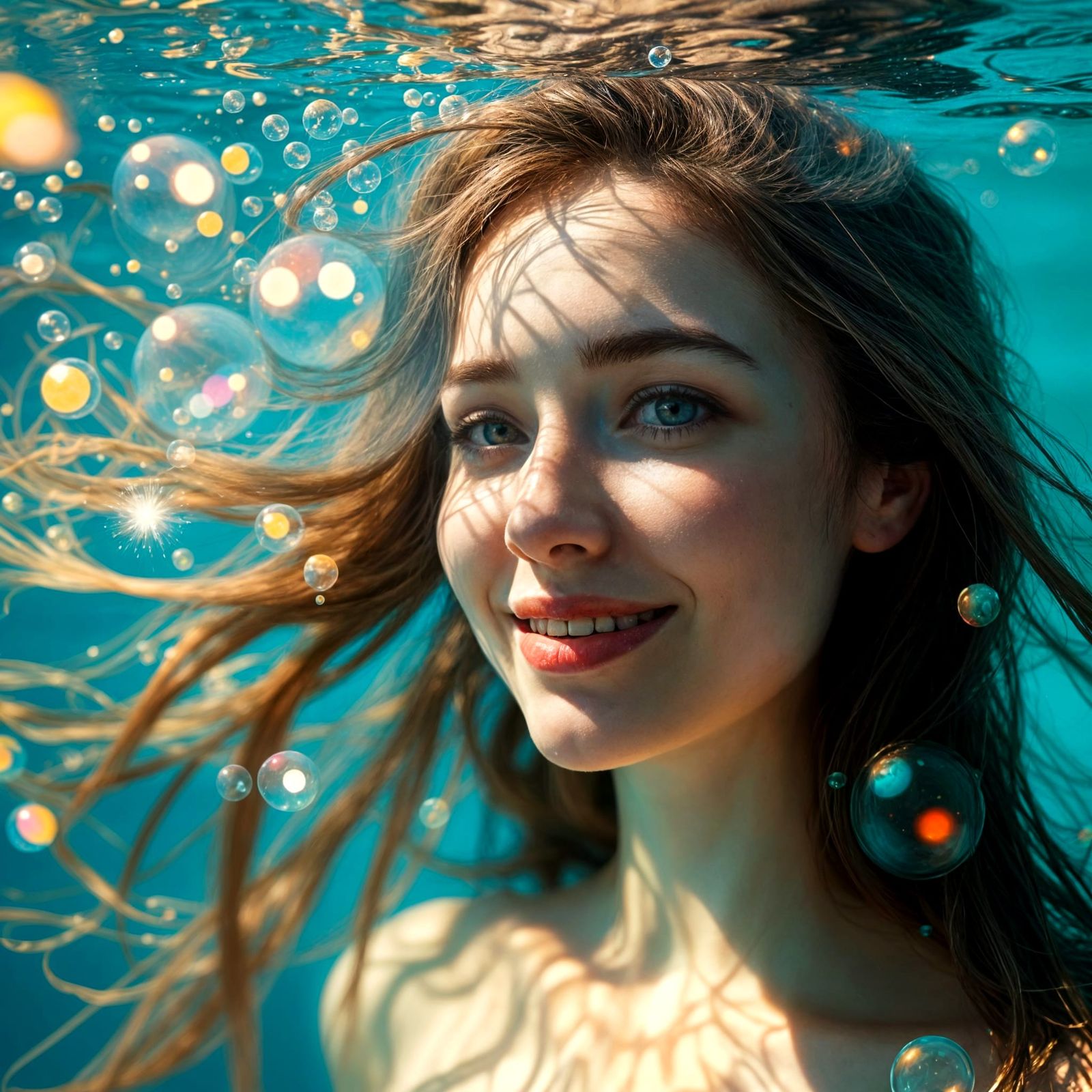 Dreamy Portrait of a Woman Underwater in Vibrant Double Expo...