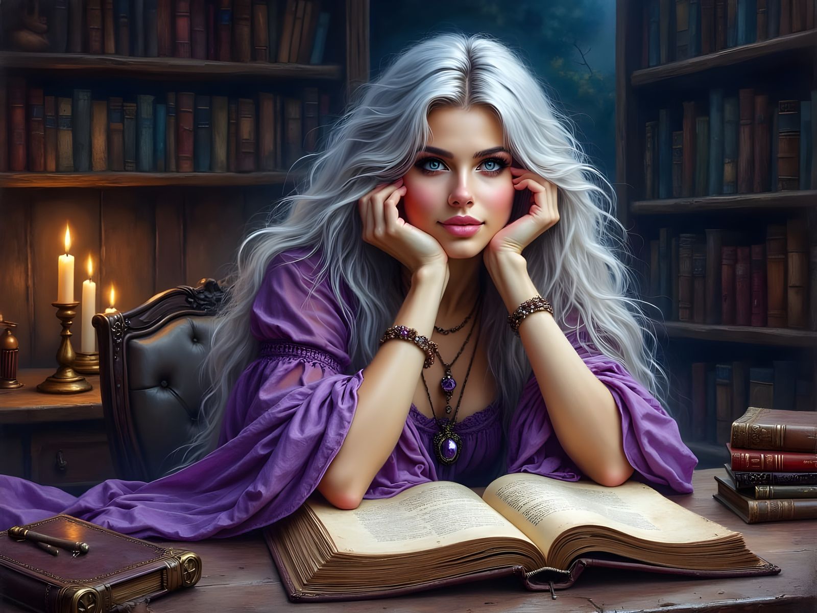 Norse Goddess Reading in a Dark Library