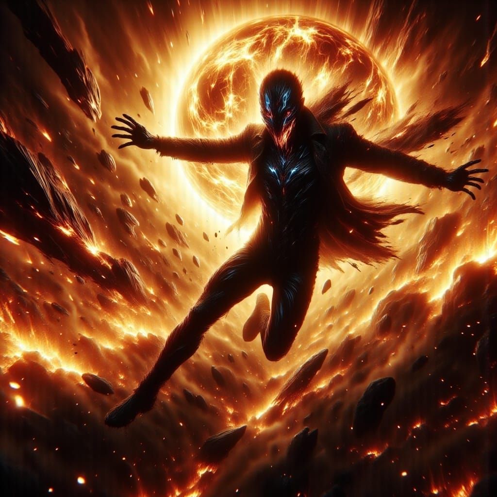 Man Soaring Through Exploding Sun: A Futuristic Vision