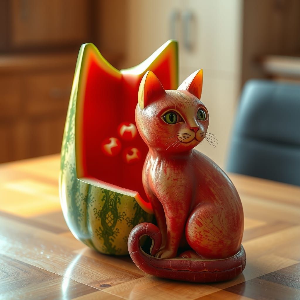 Hyperrealistic Feline Still Life with Watermelon and Apple S...