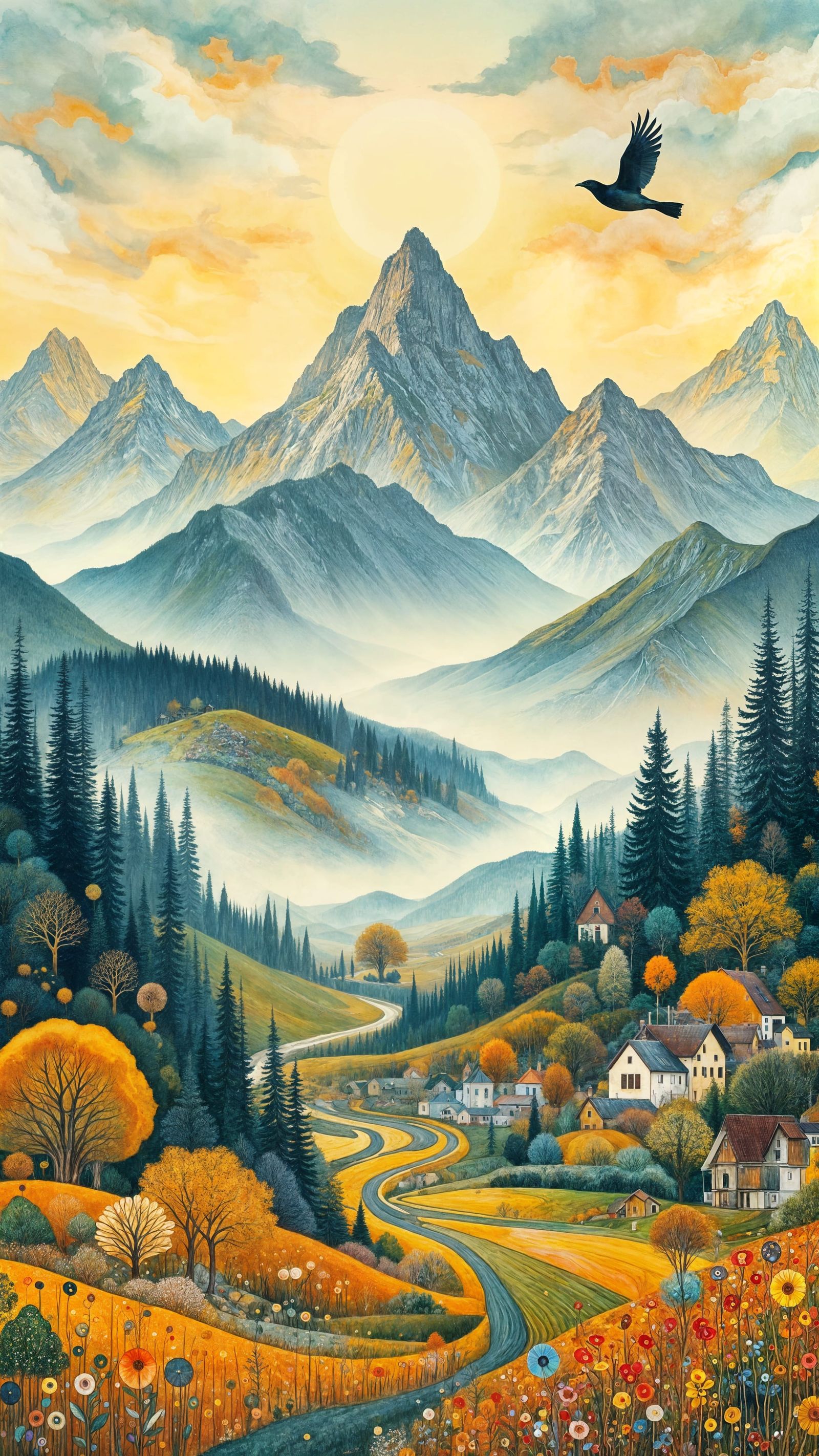 Luminous Mountainscape in Earthy Hues