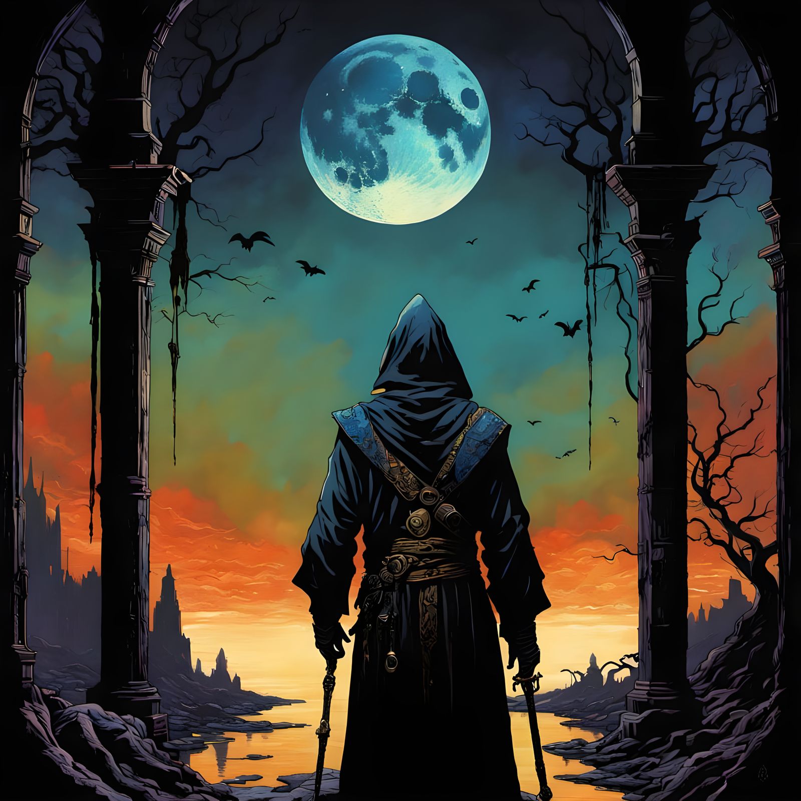 Ominous Gothic Moonscape in Dark Academia Style