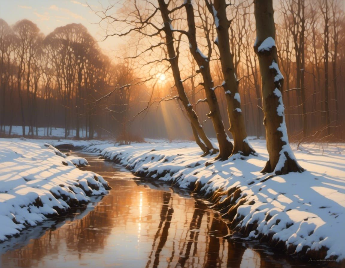 Dutch Winter Landscape with Beech Tree and Sunset