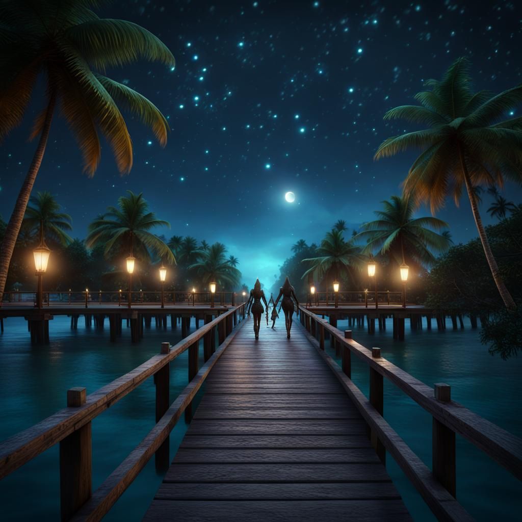 Elves on Pier in Maldives at Night