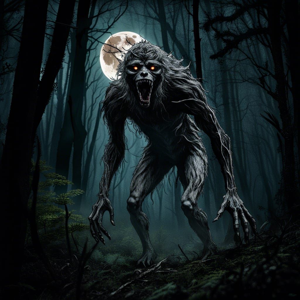 Hyperrealistic Skinwalker Photo at Full Moon Night