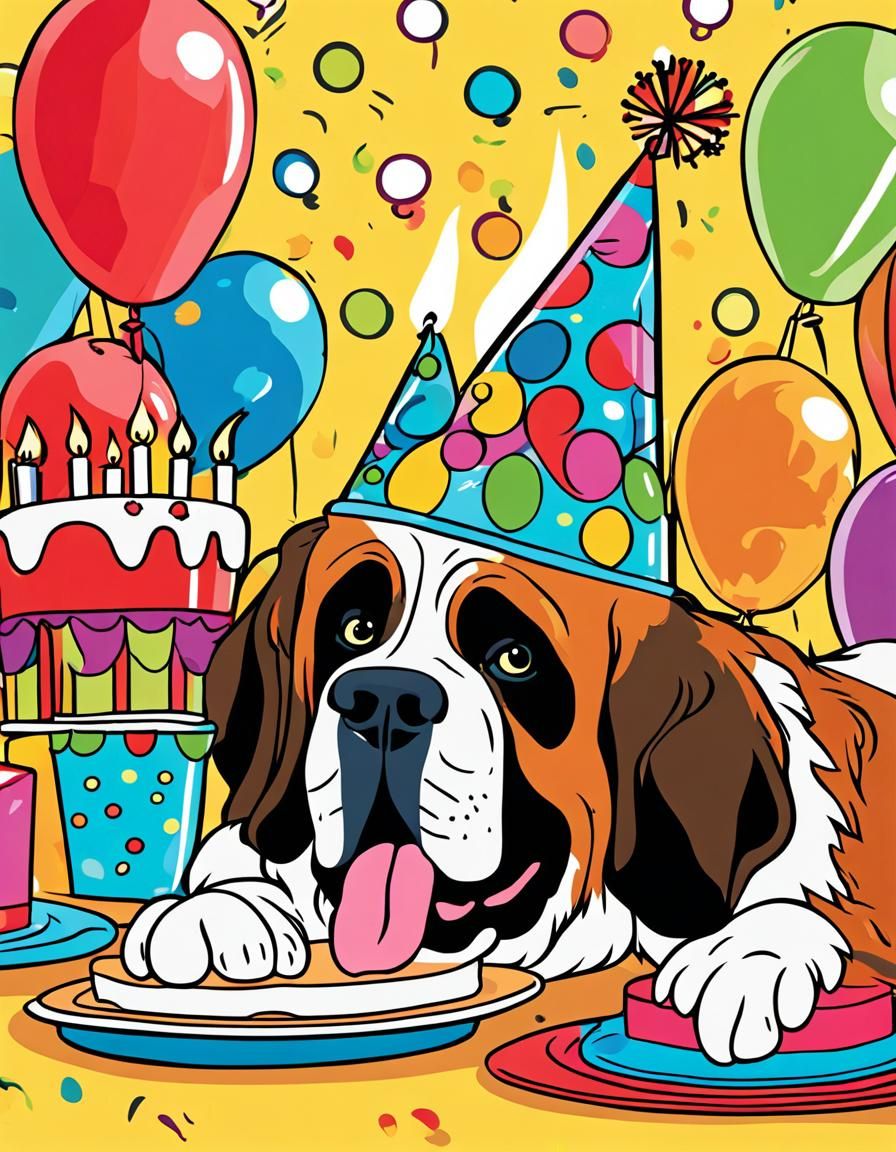 Festive St. Bernard with Birthday Cake in Line Art