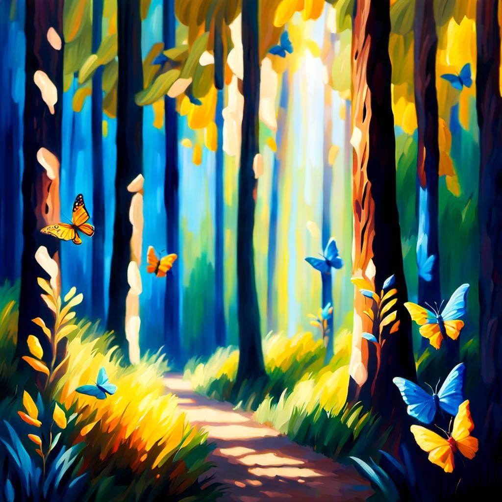 Sunlit Forest with Butterflies: An Impressionist Oil Paintin...
