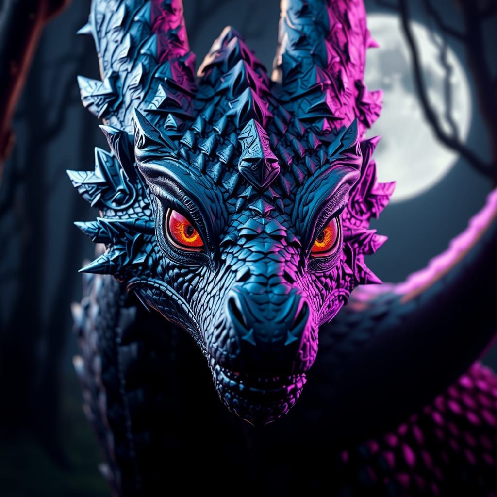 Realistic Black Dragon Portrait in Dark Forest