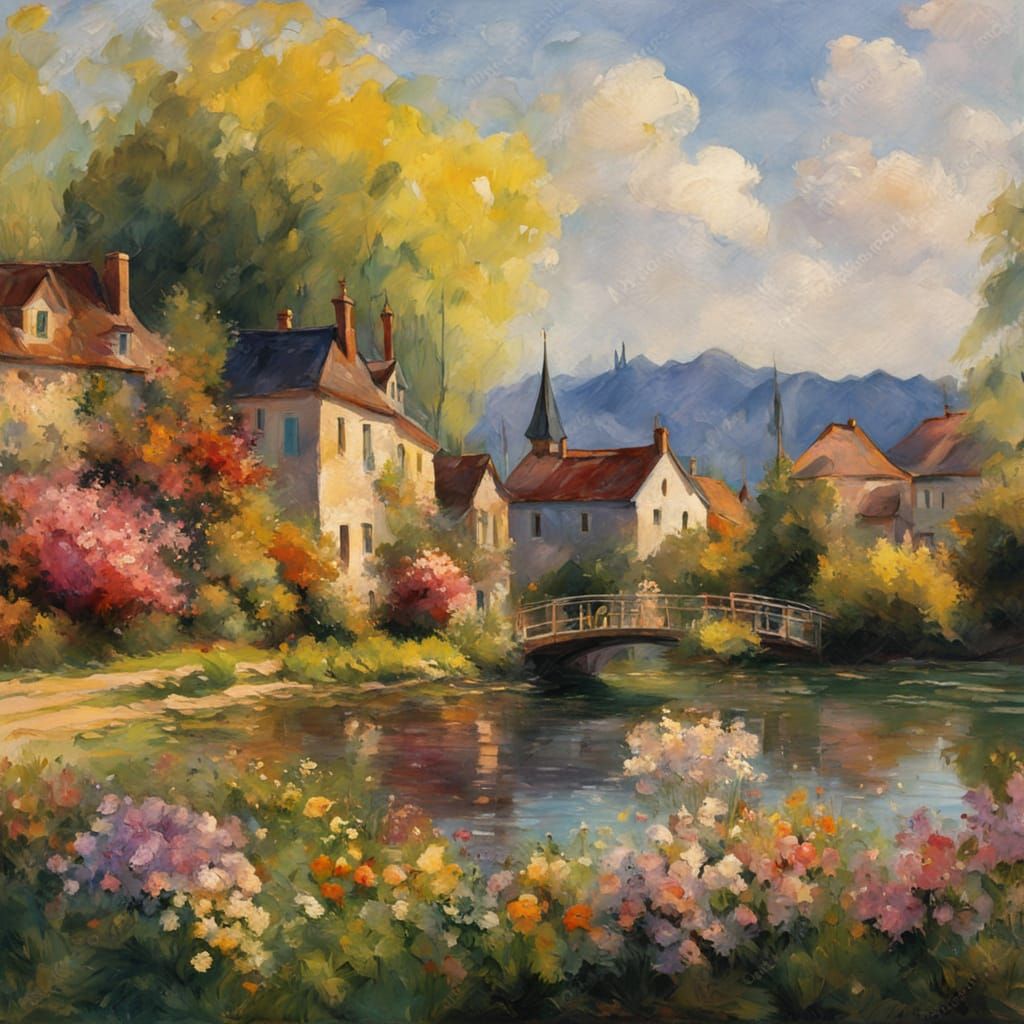 Serene Spring Village in Vibrant Impressionist Style