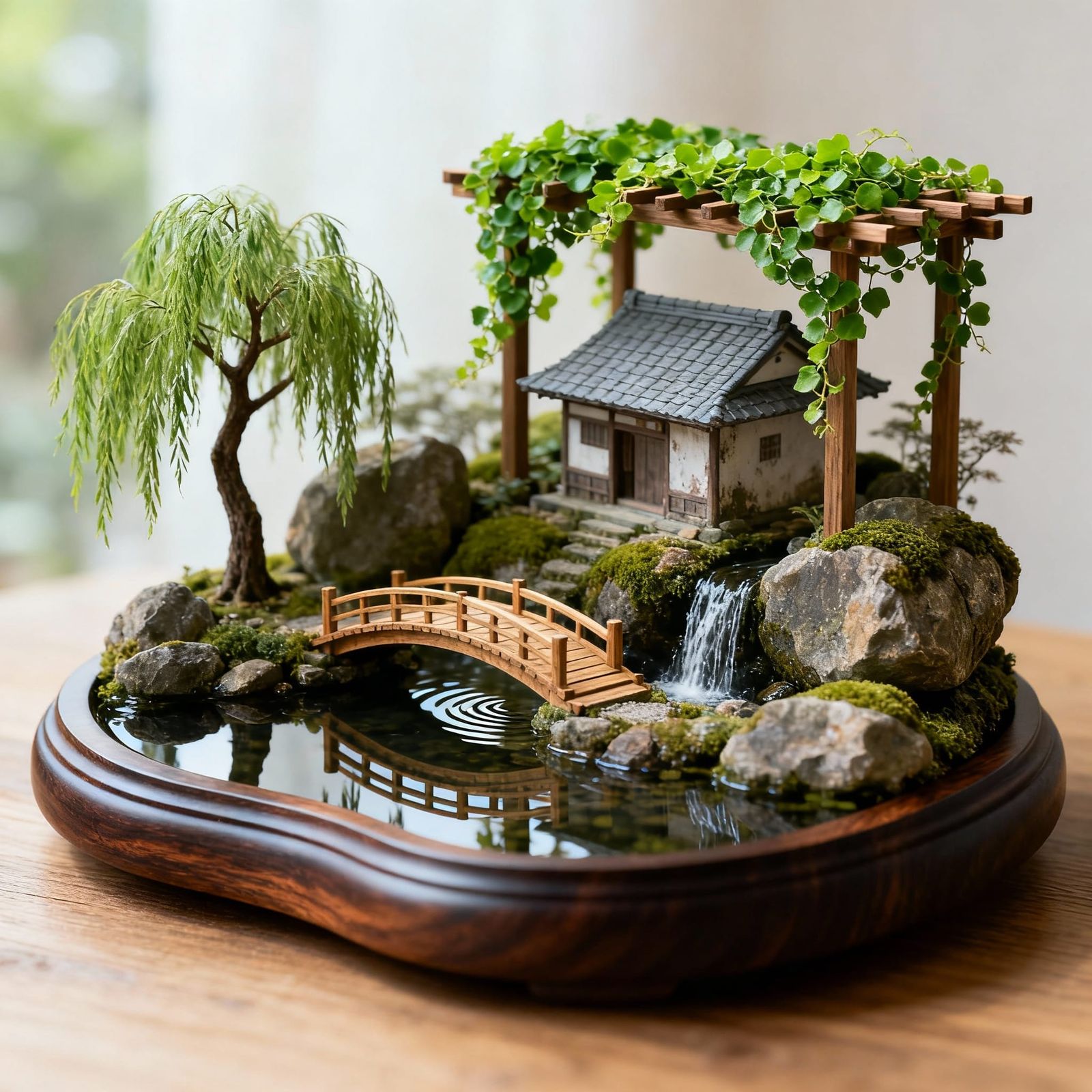 Miniature Japanese Garden Diorama on Walnut Base