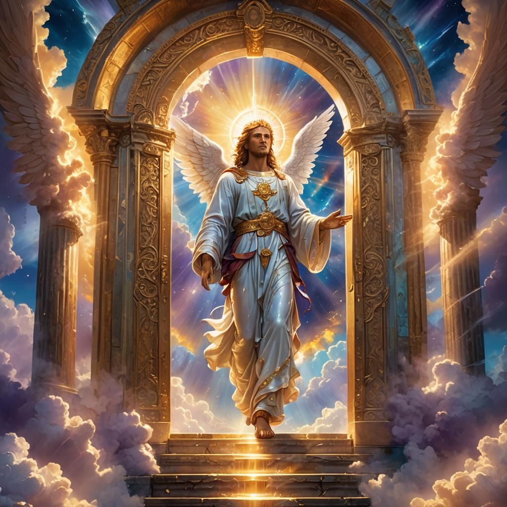 Angelic Being Steps Through a Glowing Gateway