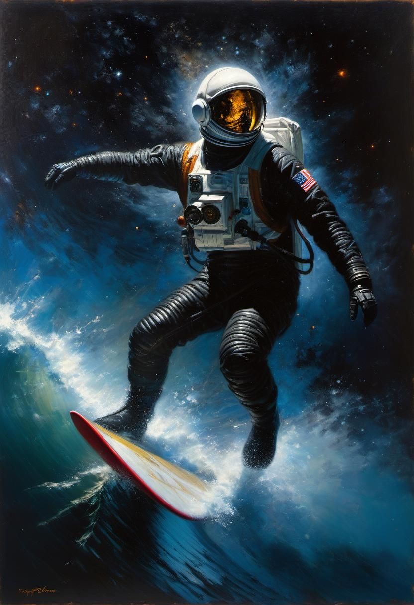 Astronaut Surfing Nebula in Gothic Oil Painting