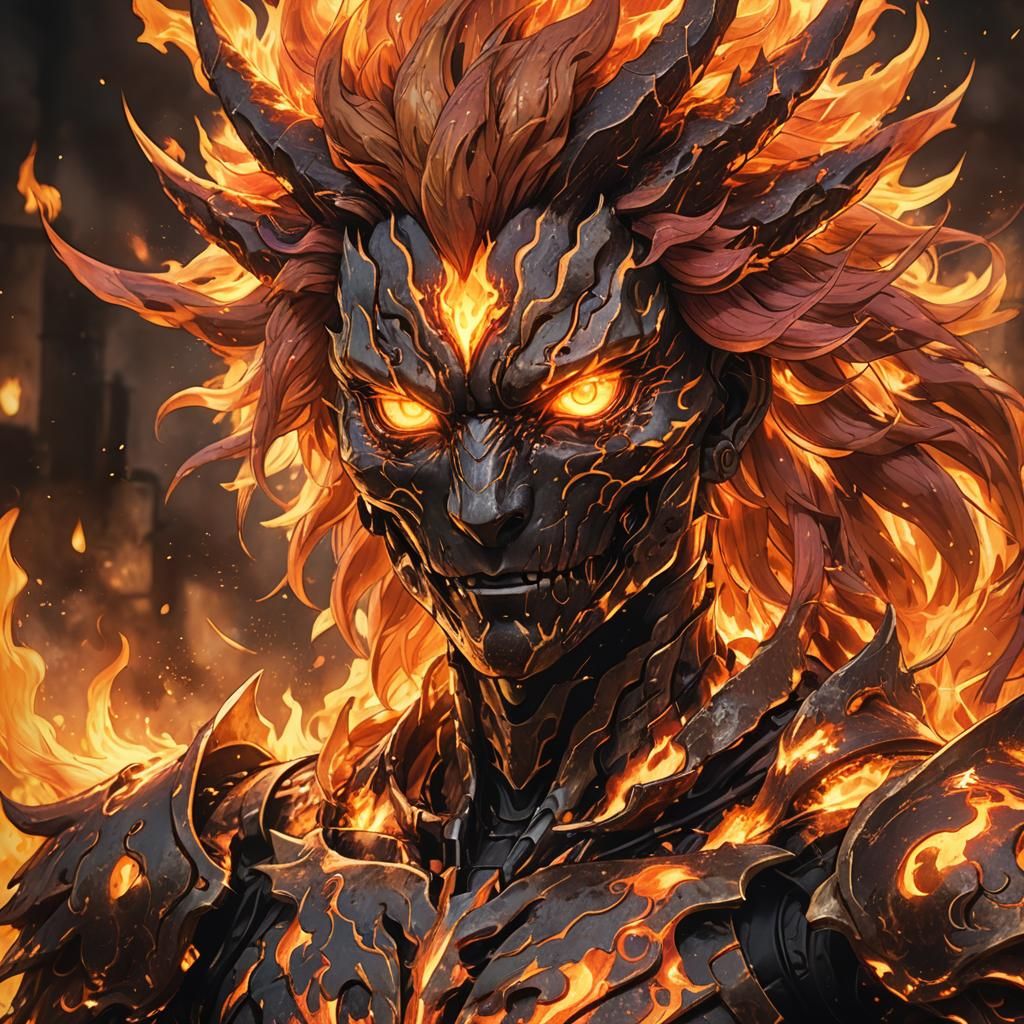 Fiery Anime Humanoid Portrait in a Burning Inferno