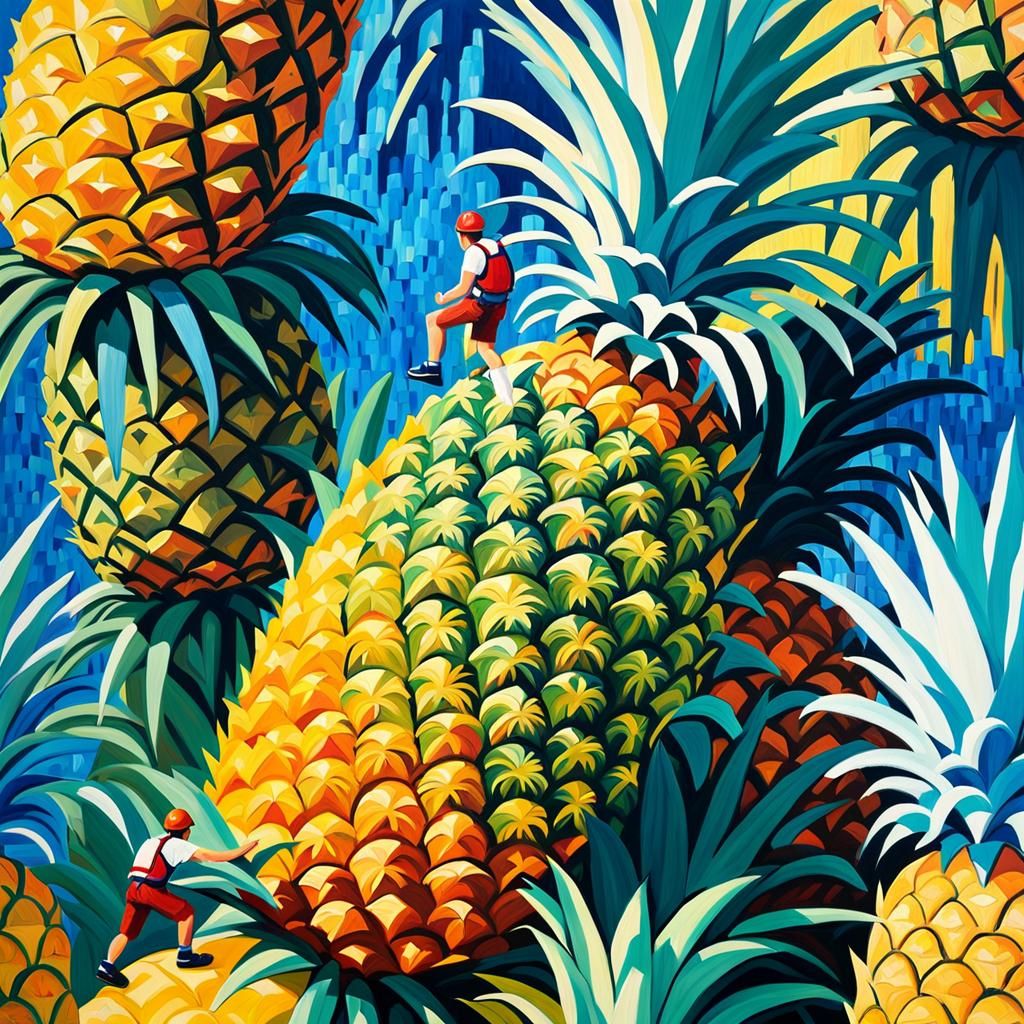 Rock Climbers Ascend Pineapple in Neo-Impressionist Oil Pain...