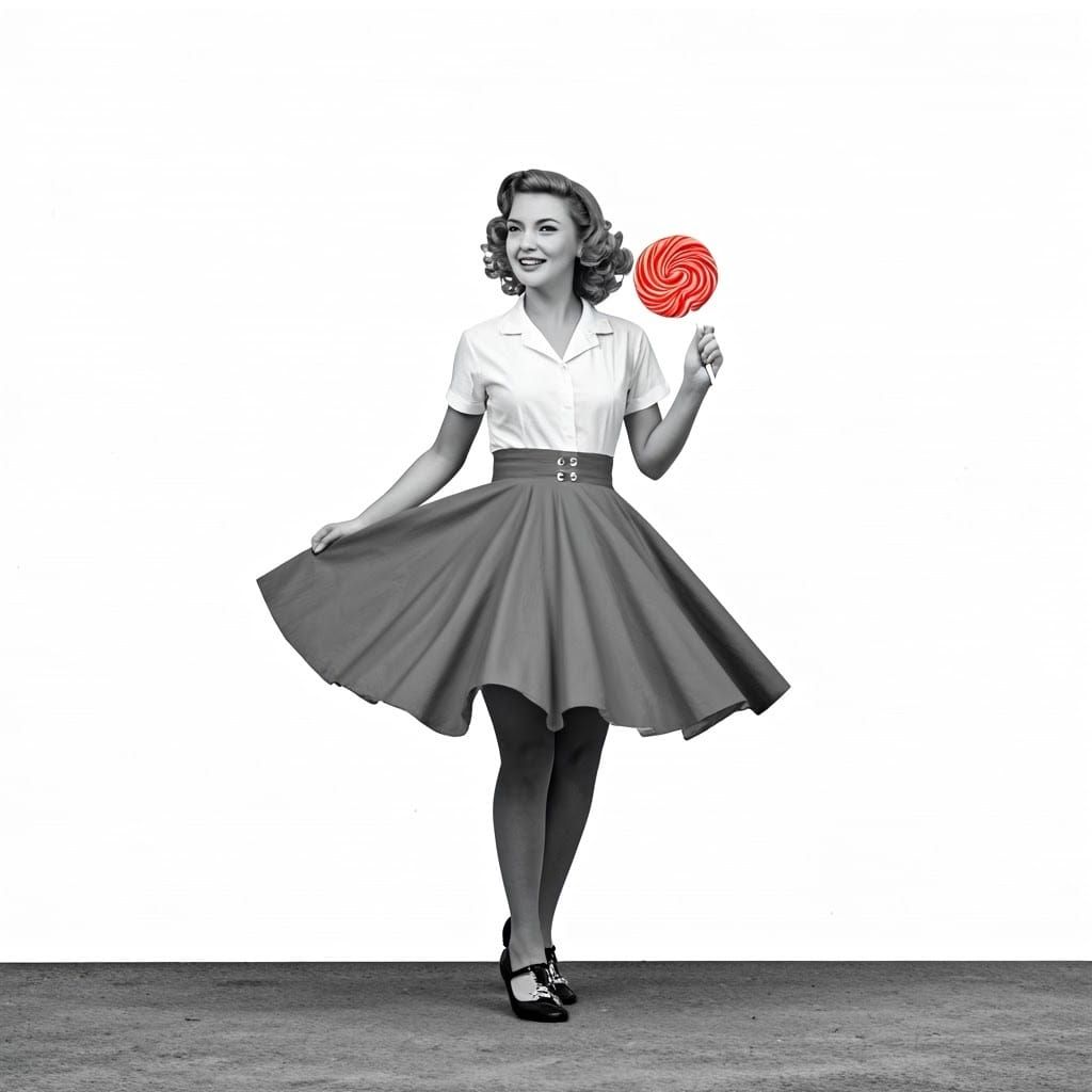 Woman in 1950s Poodle Skirt Twirling with Red Lollipop in Hi...