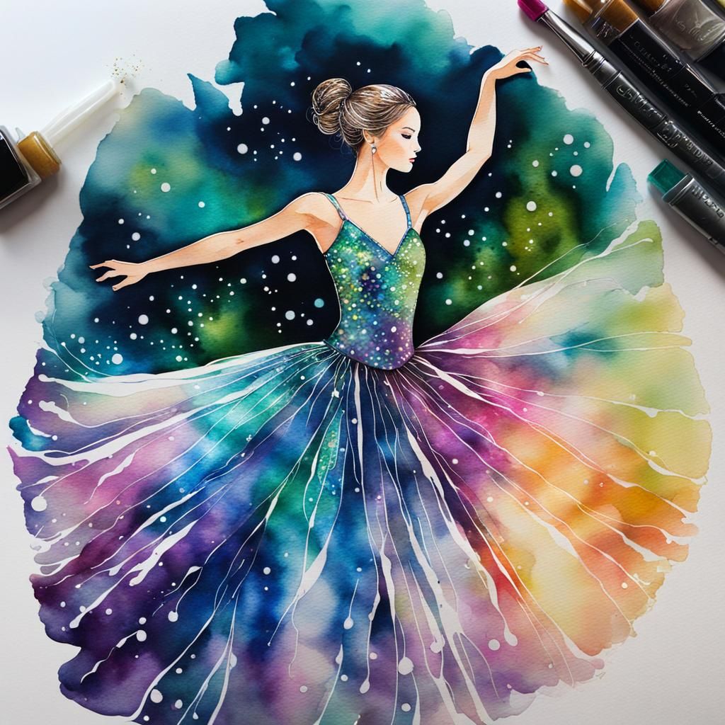 Enchanting Ballerina in Iridescent Dress, Watercolor