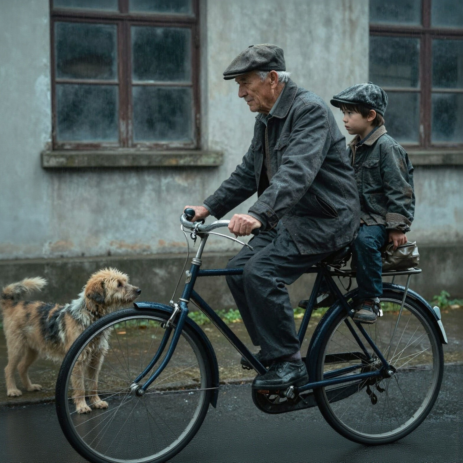 Grandfather and Grandson Ride Rare Blue Bicycle