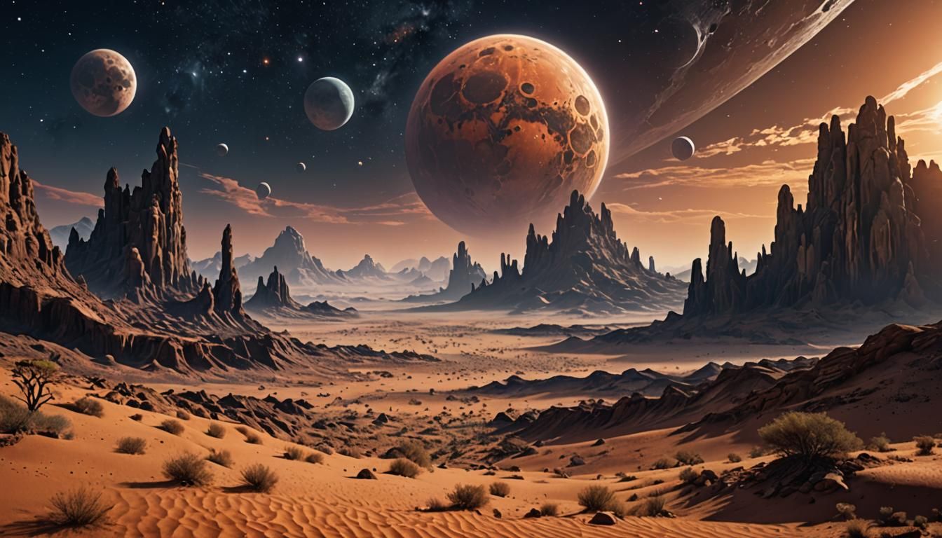 Alien Desert World with Three Moons