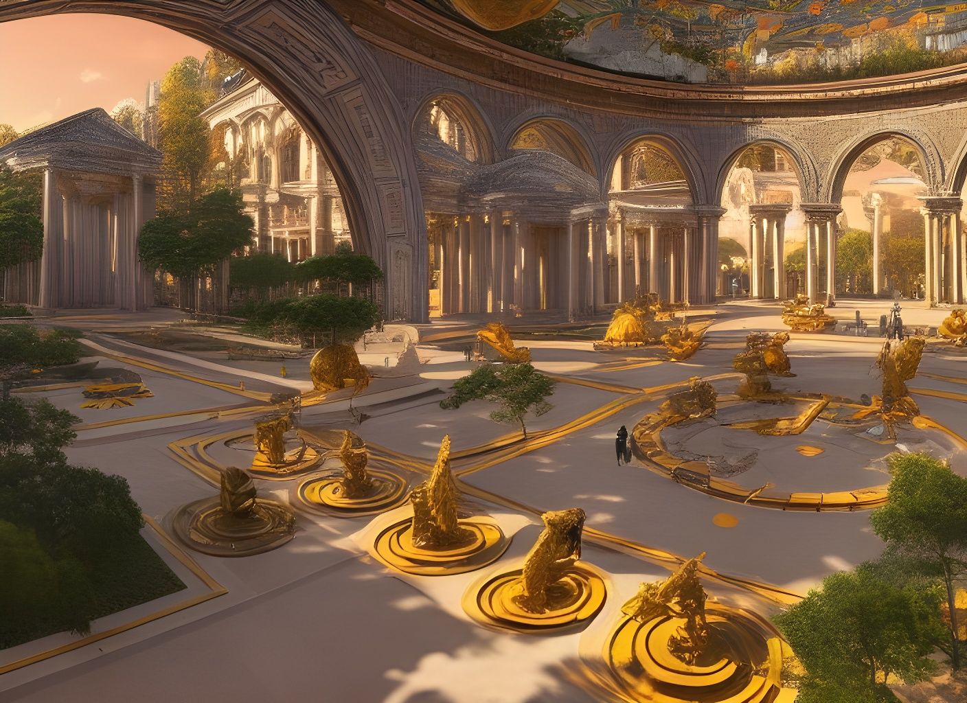 Futuristic Roman City with Golden Statues, Psychedelic Art
