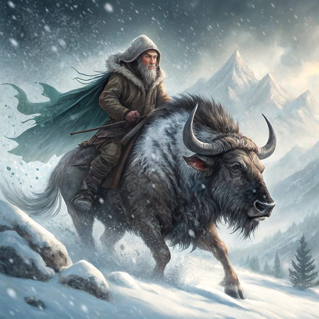 Epic Winter Adventure in a Dramatic Oil Painting Style