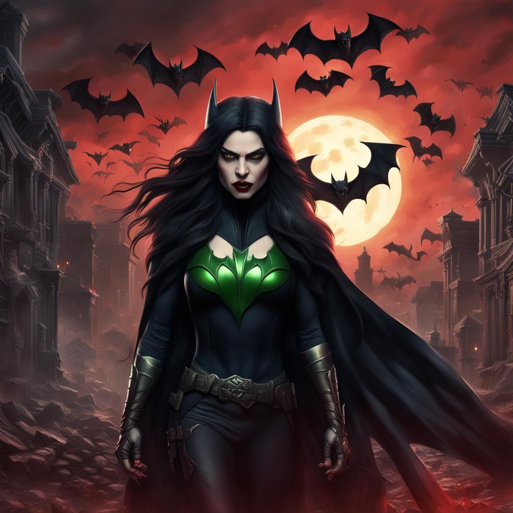 Vampire Batwoman with Fangs and Green Eyes